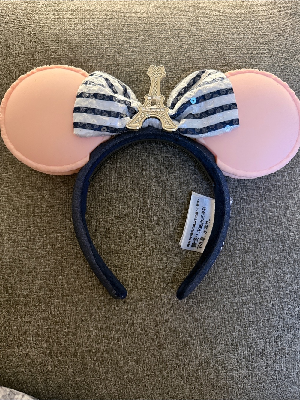 Pink Macaron Minnie Ear Headband with Striped Bow and Eiffel Tower Accent